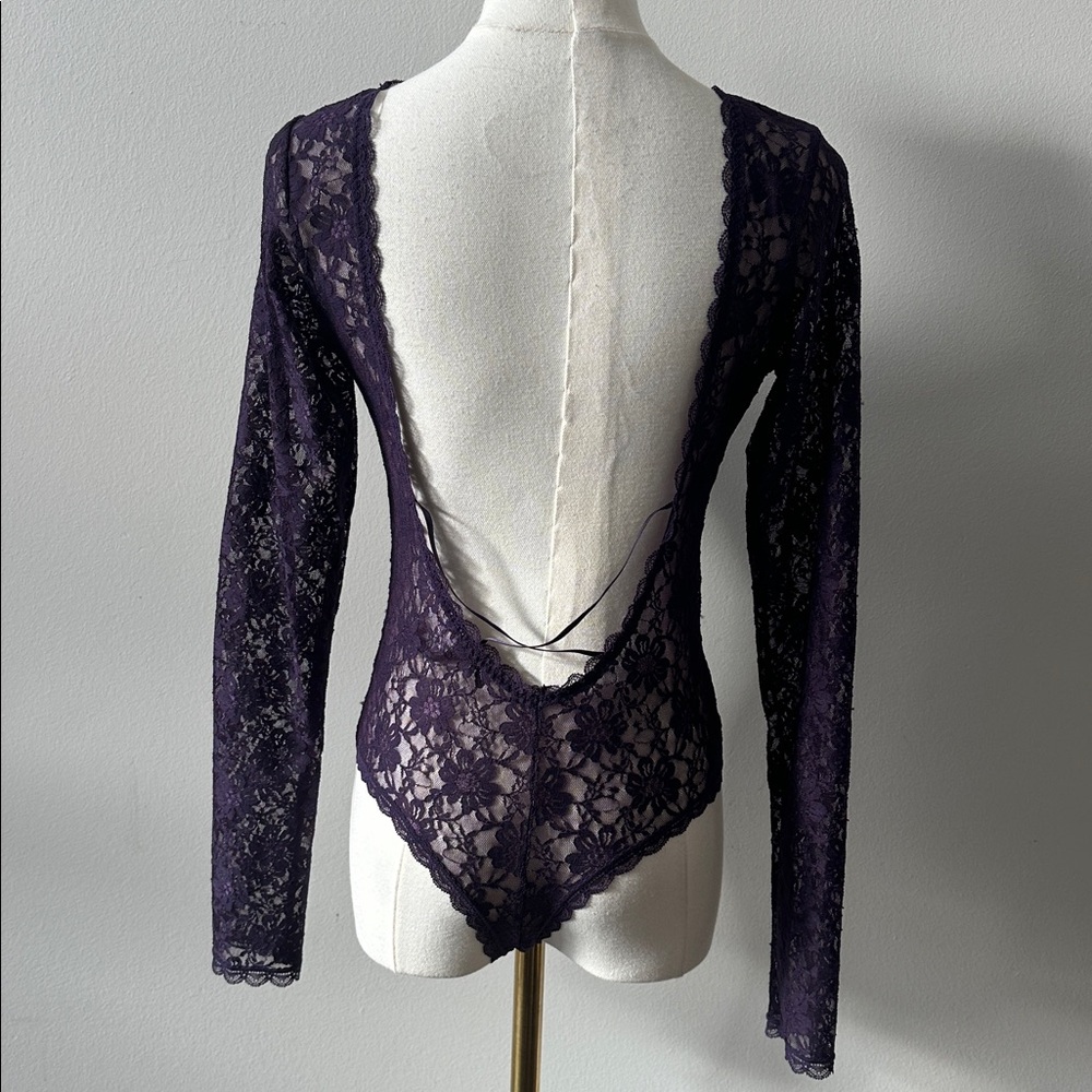 Purple Sheer Floral Lace‎ Long Sleeve Romantic Feminine Open Back Bodysuit M - Picture 3 of 9
